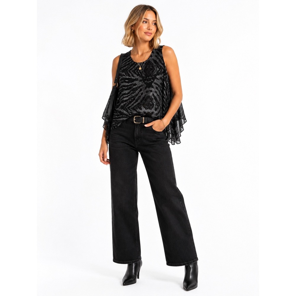 Glam Metallic Black Silver Zebra Tiered Tank Top Lucy Paris L